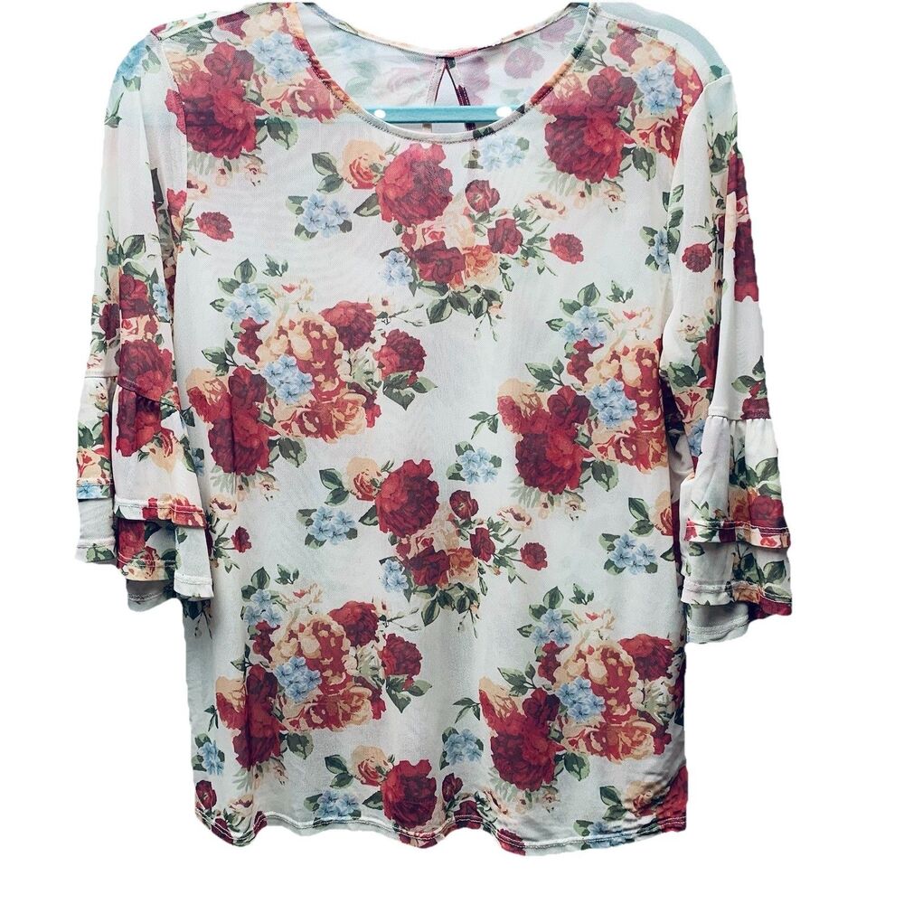 Women's See Through Sheer Mesh Floral Blouse Size L Sexy Elegant Coquette Top